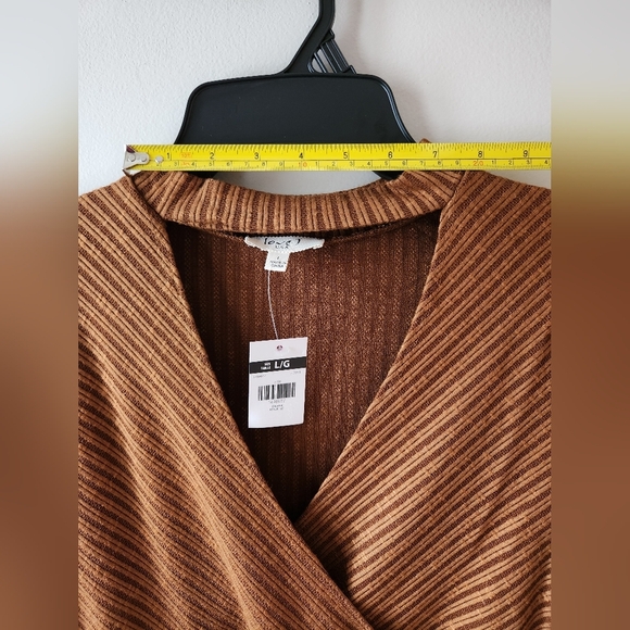 Brown Ribbed Knit Bodycon Midi Dress with Mock V-Neck Size L, BNWT - Picture 4 of 11